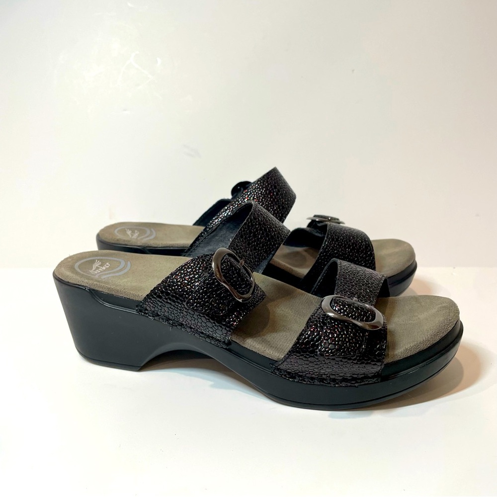 Dansko Women's Sophie Black Red Leather Double Strap Slide Comfort Sandal Sz 41